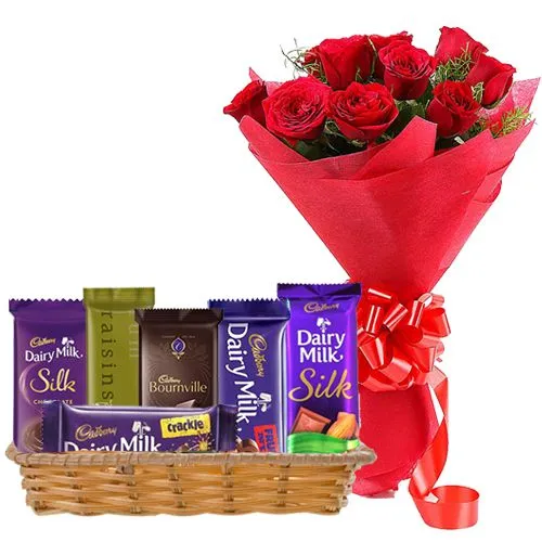 Deliver Gift Basket of Cadbury Chocolates with Red Roses Bunch