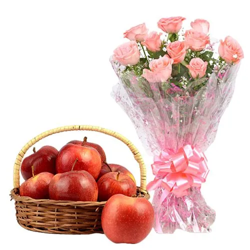 Shop for Apples in Basket with Pink Rose Bouquet