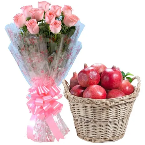 Sending Pink Roses Bouquet with Pomegranates in Basket