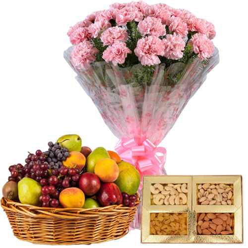 Online Fresh Fruits Basket with Mixed Dry Fruits and Pink Carnations Basket