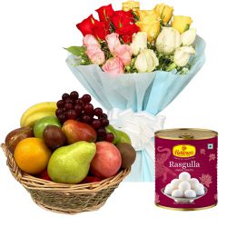 Online Roses Bouquet with Fruits Basket and Haldirams Rasgulla