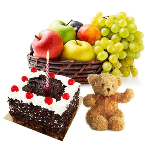 Online Black Forest Cake and Teddy with Candles and Fruits Basket