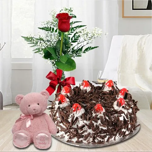 Order Black Forest Cake with Red Rose N a Small Teddy Online