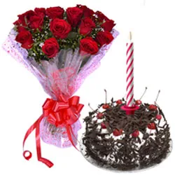 Online Roses Bouquet with Black Forest Cake and Candles