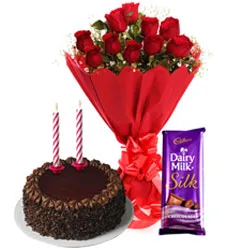 Shop for Cadbury Dairy Milk Silk, Chocolate Cake n Candles with Red Roses Bouquet