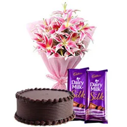Order Dairy Milk Silk with Lilies Bouquet and Chocolate Cake