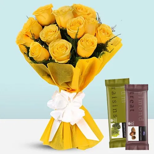 Send Yellow Color Rose Bouquet with Chocolates