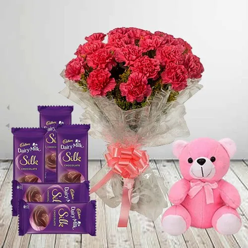 Sending Carnations Bouquet with Dairy Milk Silk N Teddy