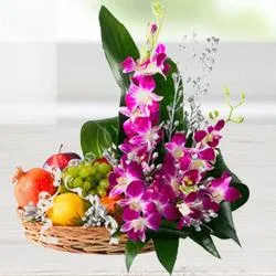 Premium Bamboo Basket Filled with Flowers and 2 Kg. Fruits