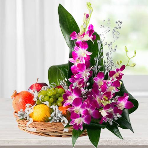 Premium Bamboo Basket Filled with Flowers and 2 Kg. Fruits