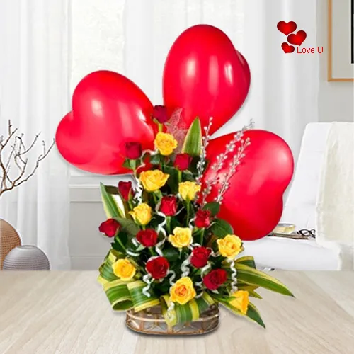 V-Day Delight Mixed Roses Basket with Balloons