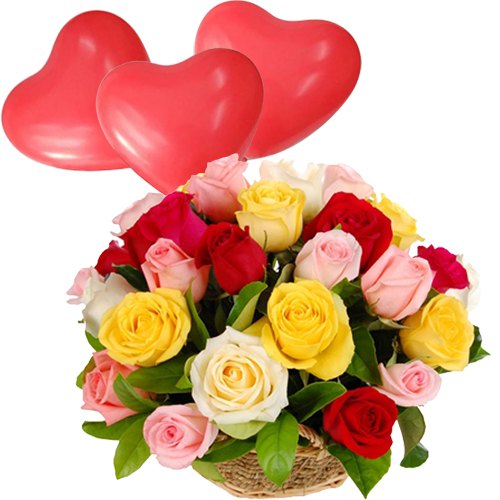 Online Mixed Roses Arrangement with Red Heart Shaped Balloons