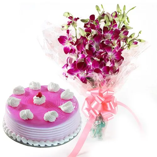 Send Anniversary Cakes n Orchids Combo