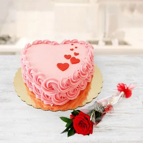 Deliver Heart Shaped Strawberry Cake with Single Red Rose