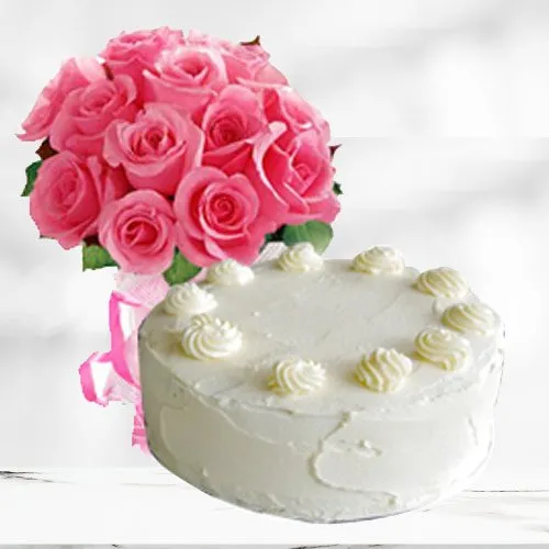 Marvelous Vanilla Cake with Pink Roses Bouquet