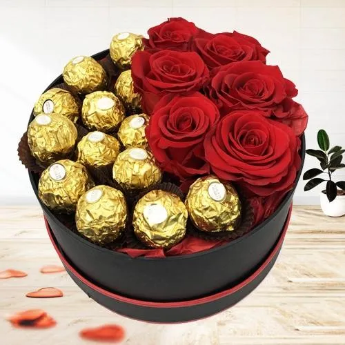 Exciting Pack of Ferrero Rocher with Dutch Roses in a Bucket