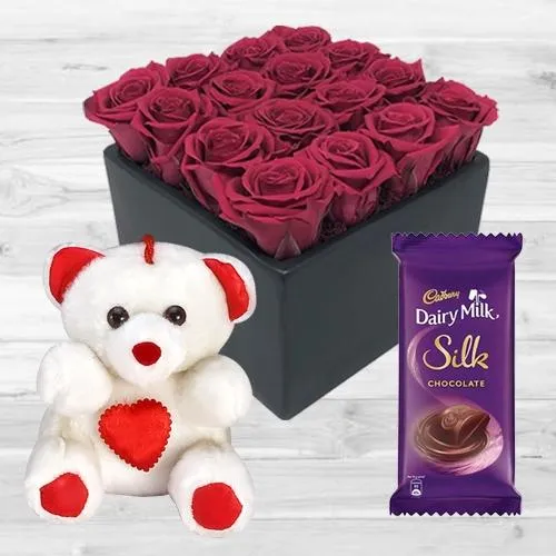 Exotic Red Rose Arrangement in a Box with Teddy N Chocolate