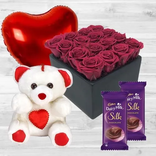 Superb Gift Box of Red Roses with Chocolate, Balloon N Teddy