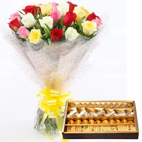 Tropical 20 Colorful Roses and Welcome Treat of 500 Gr. Sweets