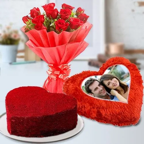 Lavish Heart Shape Red Velvet Cake with Cushion N Red Roses Bouquet