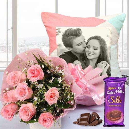 Dreamy Bouquet of Pink Roses with Dairy Milk Silk N Photo Cushion