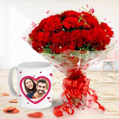 Glorious Red Carnations Bunch with Personalized Coffee Mug