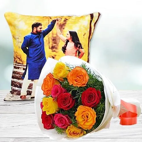 Romantic Selection of Roses with Personalized Photo Cushion
