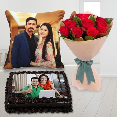 Yummy Personalized Photo Chocolate Cake with Rose Bouquet N Cushion