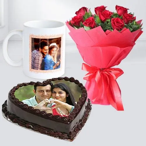 Remarkable Heart Shape Chocolate Photo Cake with Red Rose Bunch N Mug