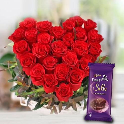 Beautiful Heart Shape Red Rose Bouquet with Dairy Milk Silk