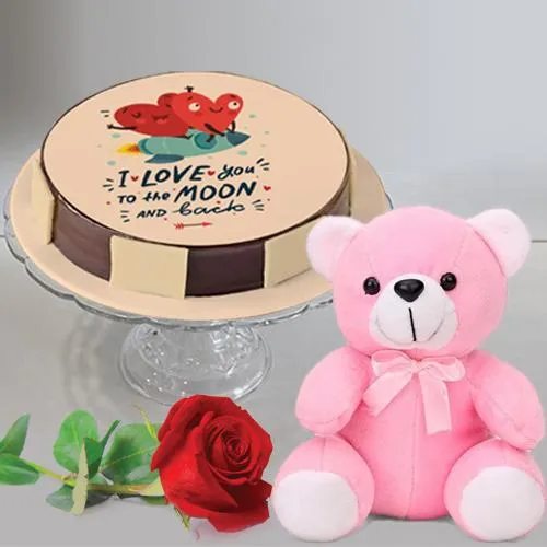 Wonderful Gift of Personalized Cake with Single Rose N Hugging Teddy
