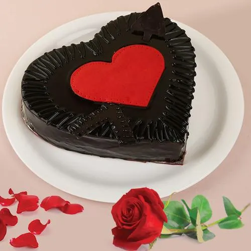 Delightful Heart-shape Chocolate Cake with Single Red Rose Combo