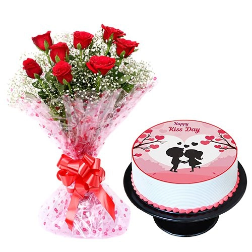 Happy Kiss Day Photo Cake with Hand Bunch of Red Roses