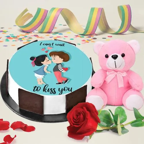 Flavored Kiss Day Special Photo Cake with Sweet Teddy N Rose