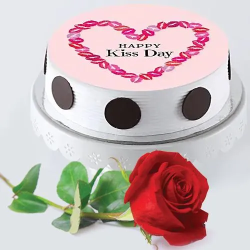 Lip Smacking Kiss Day Photo Cake with Single Red Rose
