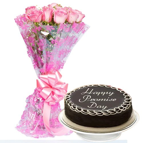 Exclusive Promise Day Combo of Dark Chocolate Cake N Pink Roses Bunch