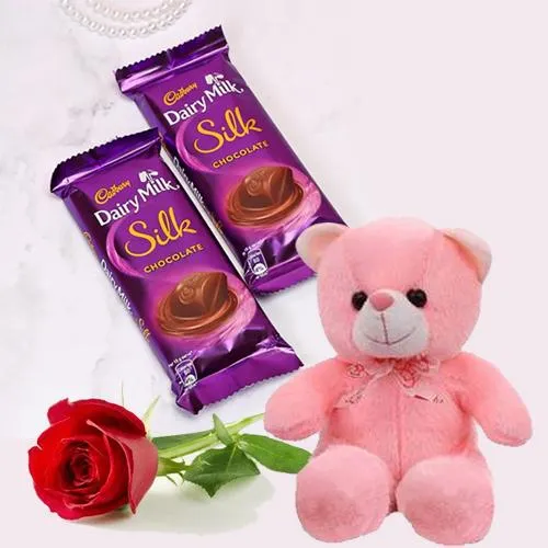 Dazzling Valentine Gift of Cadbury Chocolate with Love Teddy N Red Rose
