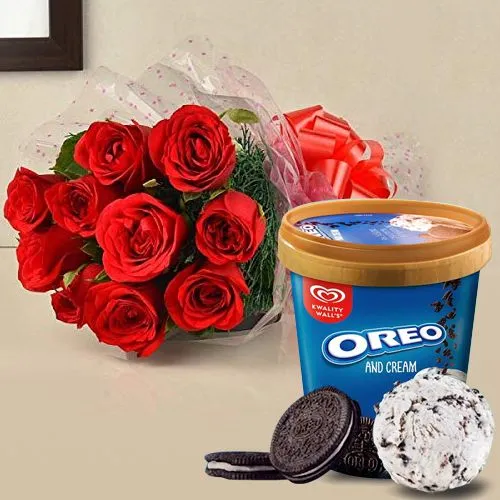 Blooming Red Roses Bouquet with Oreo Ice Cream Tub from Kwality Walls