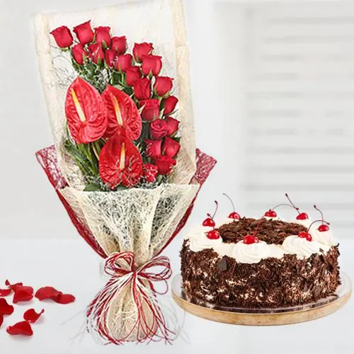 Charming Red Roses n Anthurium Bunch with Black Forest Cake