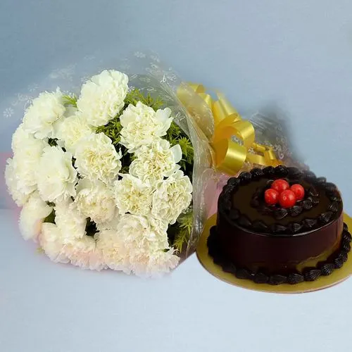 Alluring Bouquet of 20 Carnations with Choco Truffle Cake