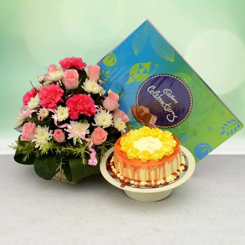 Tasty Butterscotch Cake with Mixed Flower Basket n Chocolates Combo