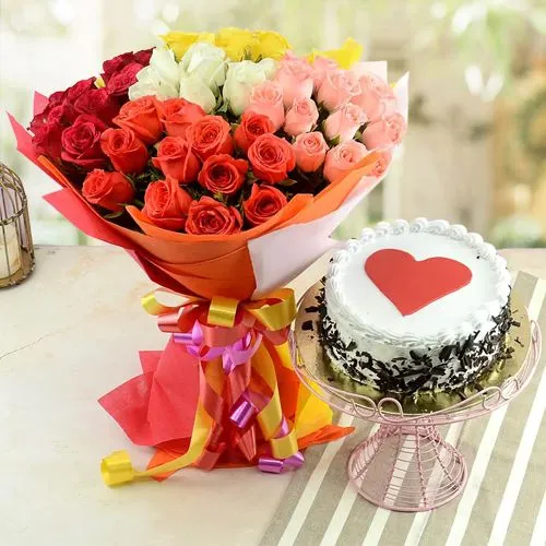 Impressive Gift of 54pc Mixed Roses Bouquet with Black Forest Cake