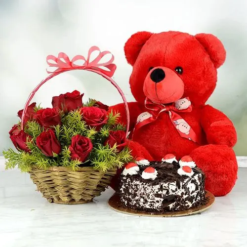 Fantastic Combo of Red Roses Basket with Black Forest Cake n Teddy
