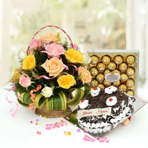 Classy Basket of 24 Colorful Roses with Black Forest Cake n Ferrero Rocher