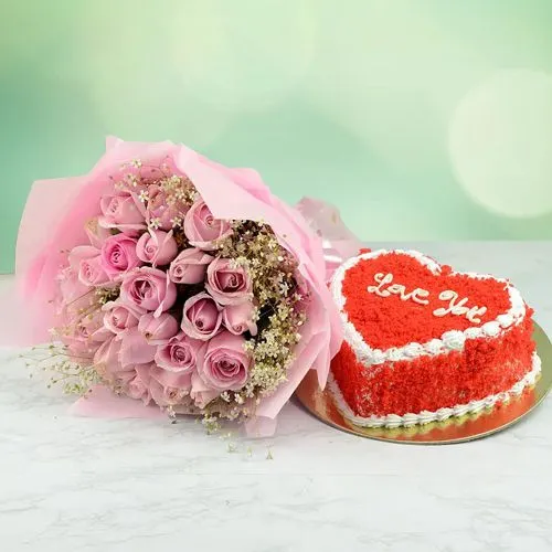 Elegant Bunch of 24 Pink Roses n Red Velvet Heart shape Cake	Combo