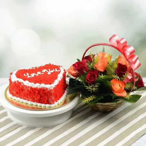 Alluring Mixed Roses Basket n Red Velvet Heart Shape Cake