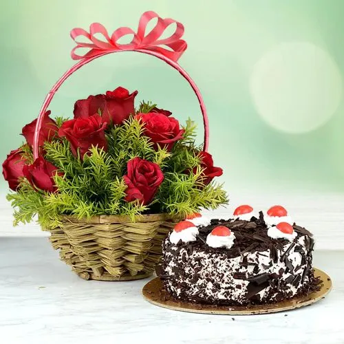 Glamorous 12 Red Roses Basket n Black Forest Cake Gift Combo