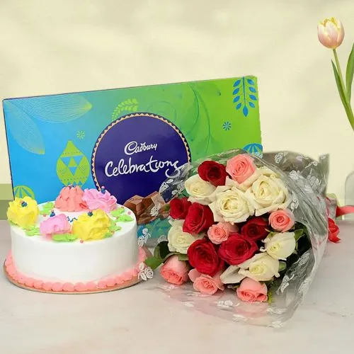 Fantastic Bouquet of 18 Mixed Roses with Vanilla Cake n Chocolate