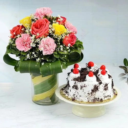 Delectable Black Forest Cake n 24 Mixed Flowers in Vase