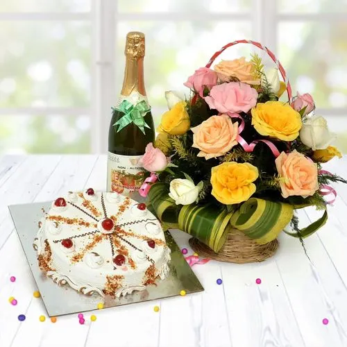 Astonishing Combo of Mixed Roses with Butter Scotch Cake Sparkling Juice